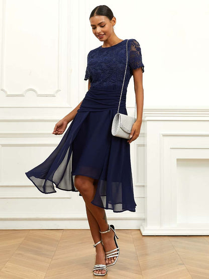 Ruched Chiffon Lace Midi Dress