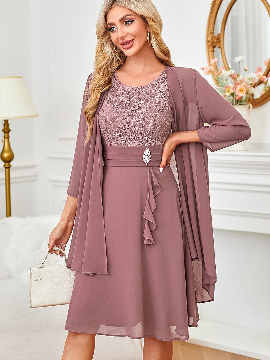Gray Pink Lace Patchwork Chiffon Midi Dress