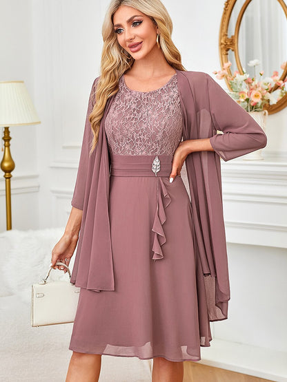 Gray Pink Lace Patchwork Chiffon Midi Dress