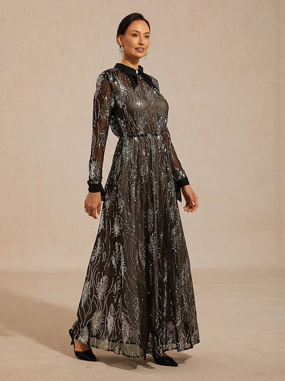 Sequin Mesh Overlay Dress with Crystal Button