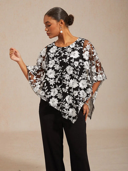 Embroidered Mesh Lace Top with Batwing Sleeves