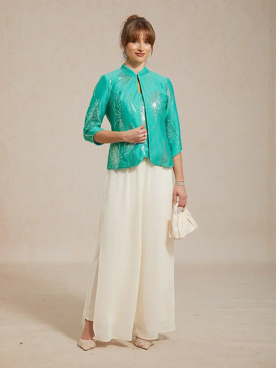 Elegant Mandarin Collar Sequin Twinset