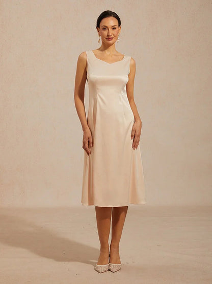 Sleeveless Diamond Neck Satin A-Line Dress