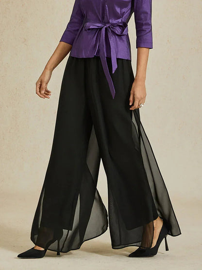 Petite Straight Leg Pant With Chiffon Split Leg Overlay