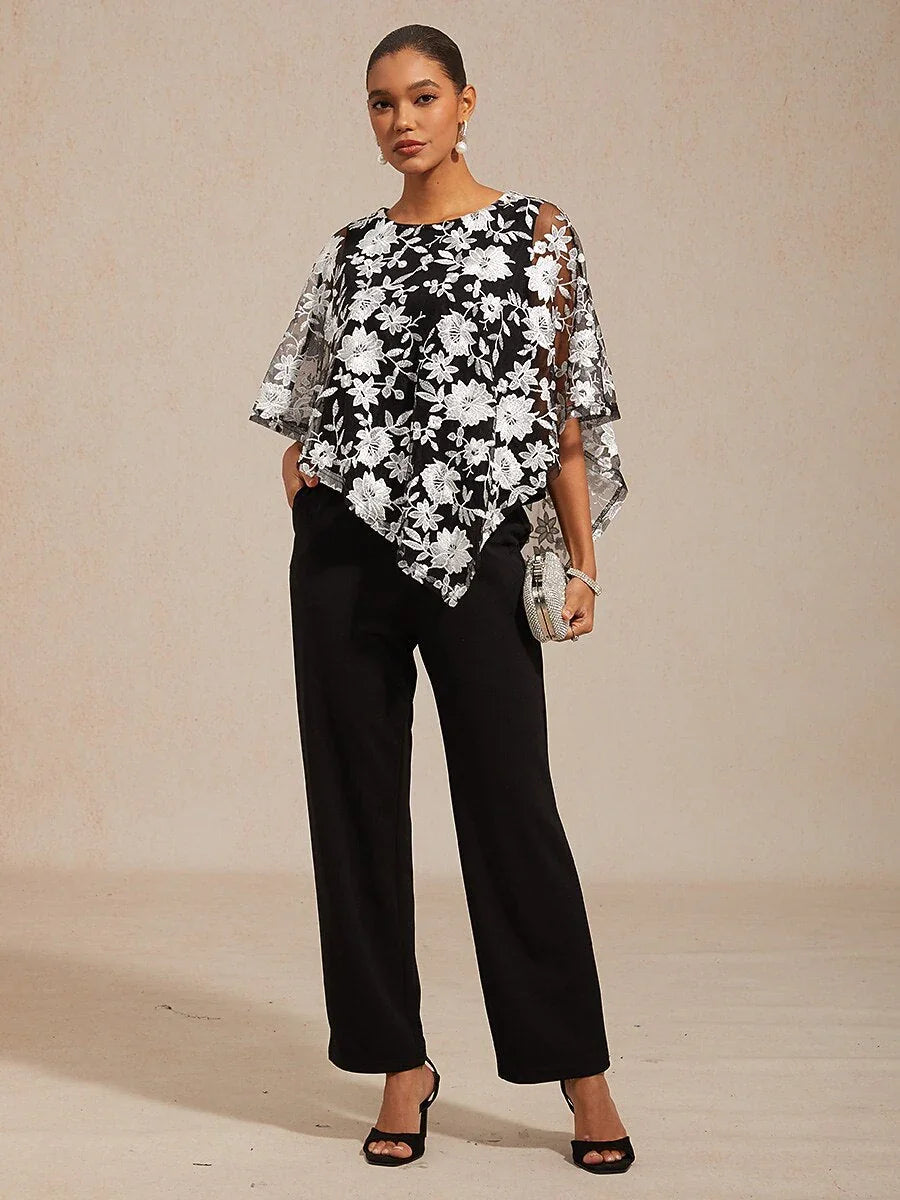 Embroidered Mesh Lace Top with Batwing Sleeves