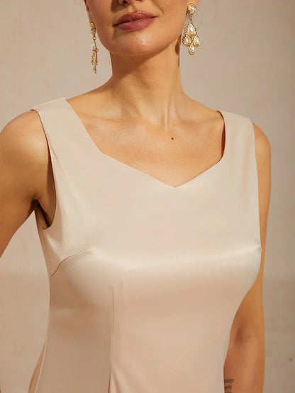 Sleeveless Diamond Neck Satin A-Line Dress