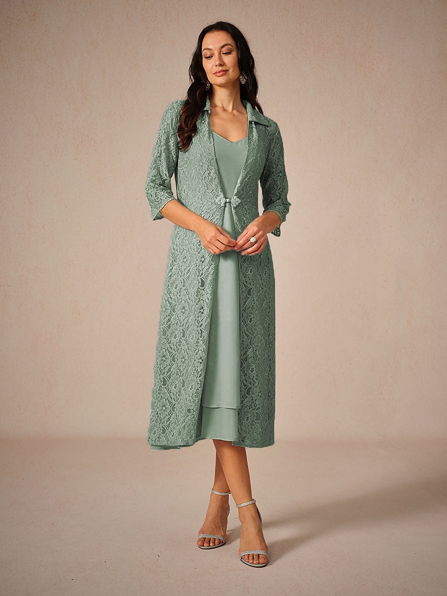 Chiffon Solid Color Lace Dress Set