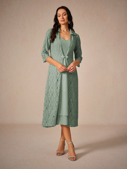 Chiffon Solid Color Lace Dress Set
