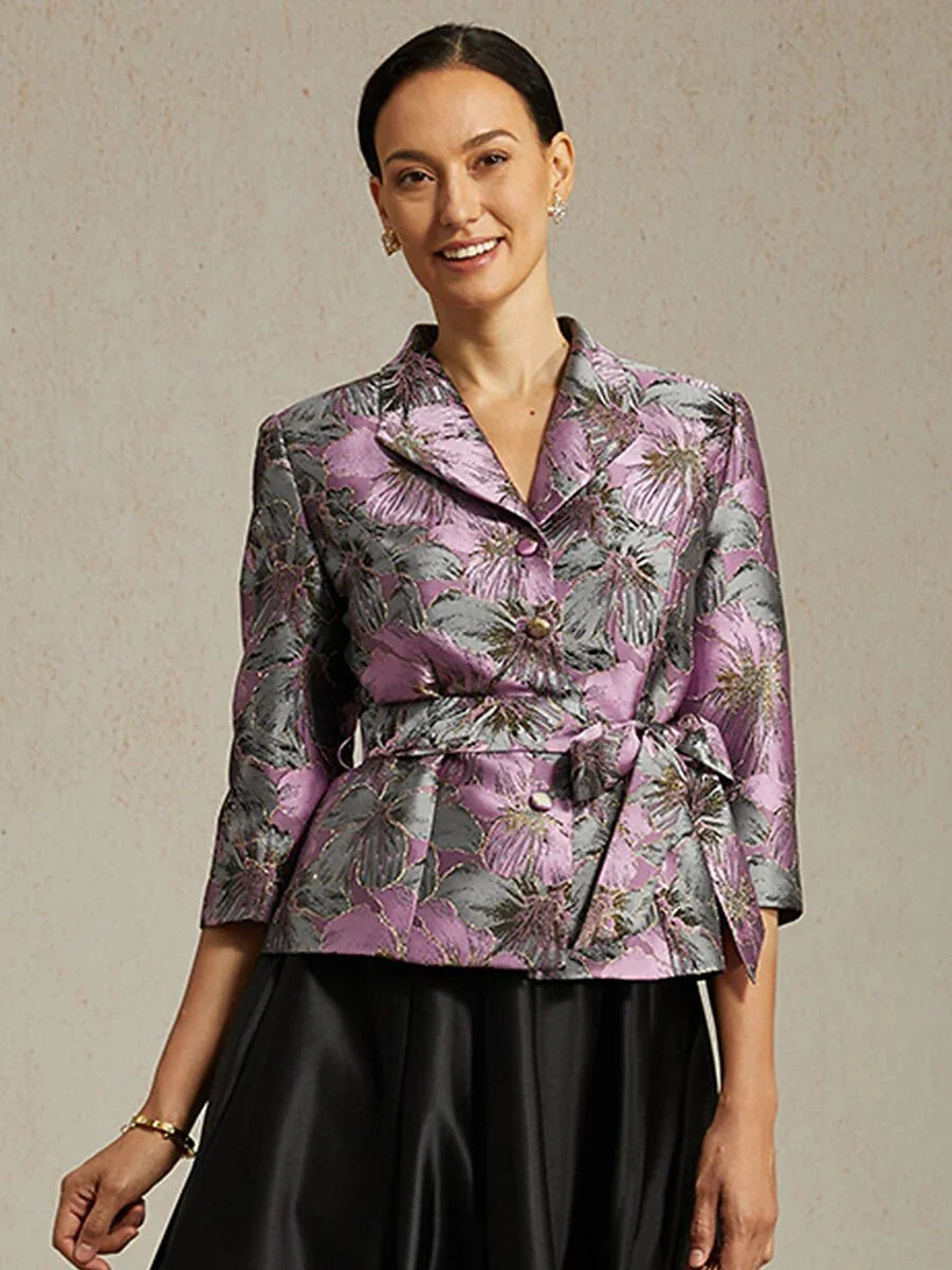 Dreiviertelärmelige Bluse mit floralem Jacquardmuster und Bindegürtel