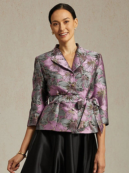 Dreiviertelärmelige Bluse mit floralem Jacquardmuster und Bindegürtel