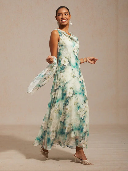 Floral Cowl Neck Tea-Length Dress with Flounce Hem