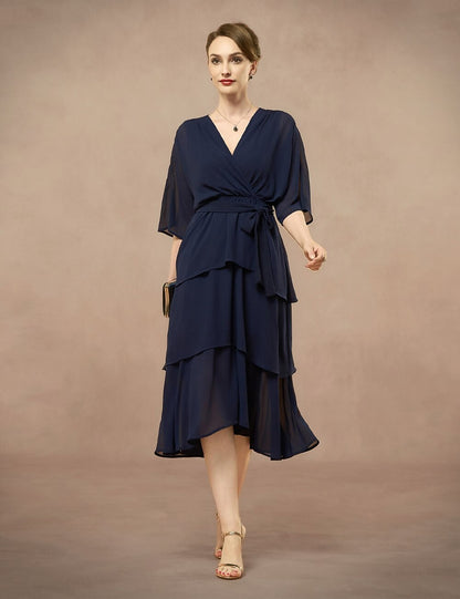 Chiffon Layered Ruffle V-Neck Dress