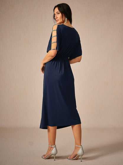 Stretch Knot Front Dress with Front Slit & Embellished Sleeve Cutouts