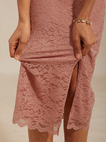 Lace Ruched Midi Dress with Front Slit
