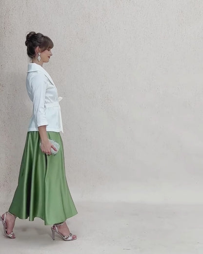 3/4 Sleeve Stretch Taffeta Blouse with Tie Waist Detail