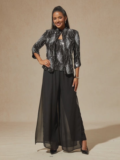 Elegant Mandarin Collar Sequin Twinset