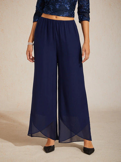 Straight Leg Mid Waist Layered Chiffon Pants