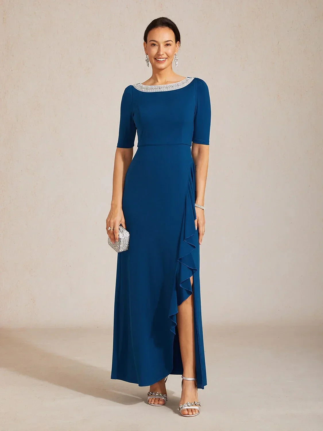 Boat Neck Ruffle A-Line Maxi Dress with Rhinestone Neck Detail