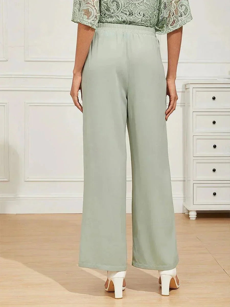 Mid-Rise Elastic Waist Wide-Leg Pants with Pockets