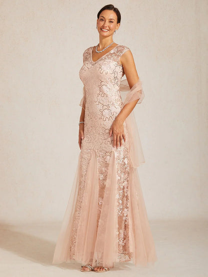 Sequin Mesh Mermaid Evening Gown with Sheer Shawl