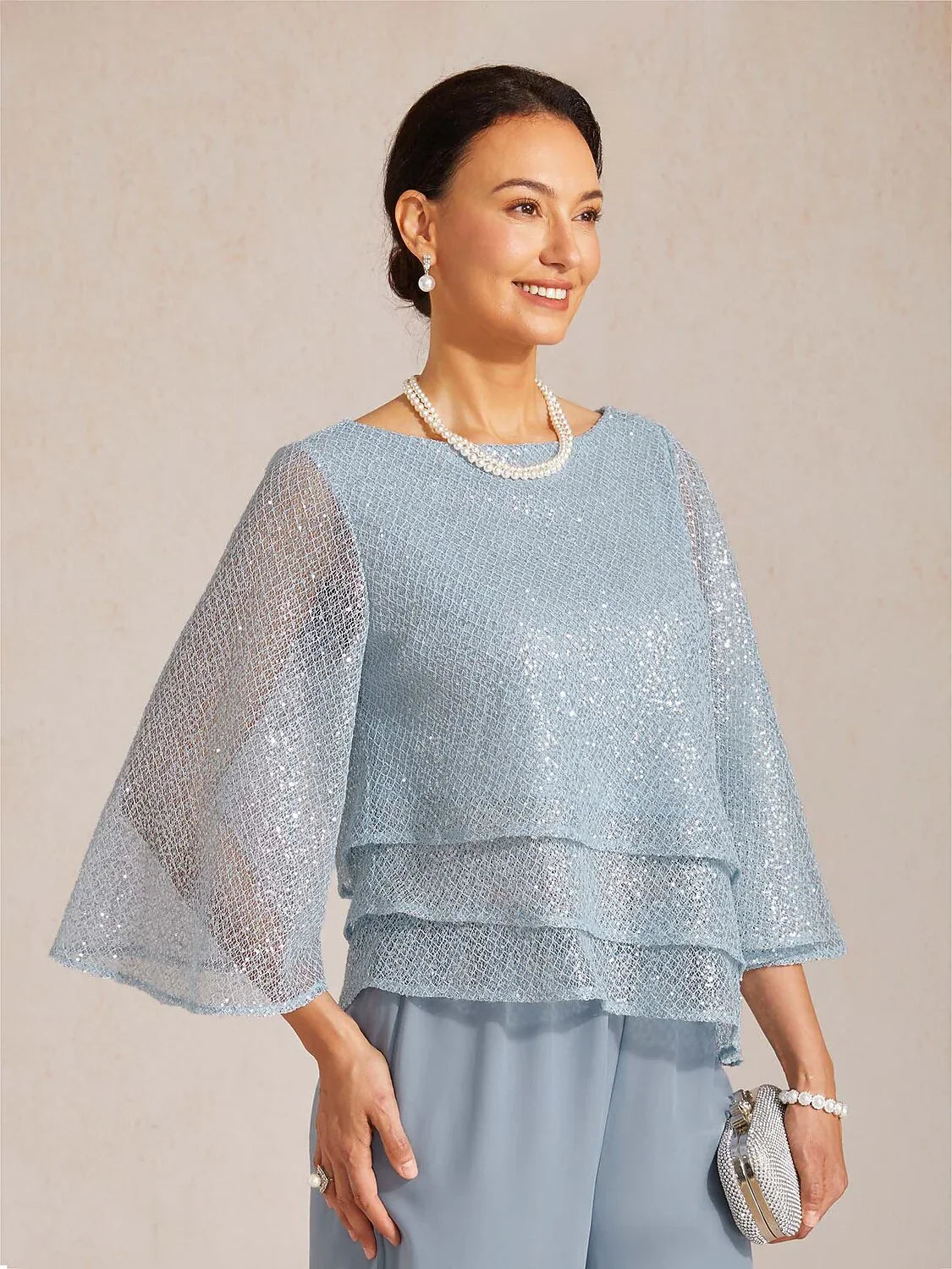 Bell Sleeves Mesh Sequin Layered Top