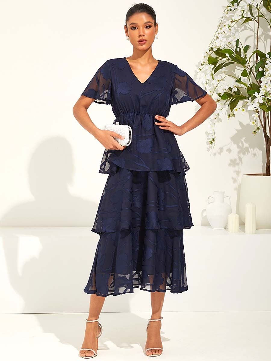Lace V Neck Ruffle Layered Flutter Dress