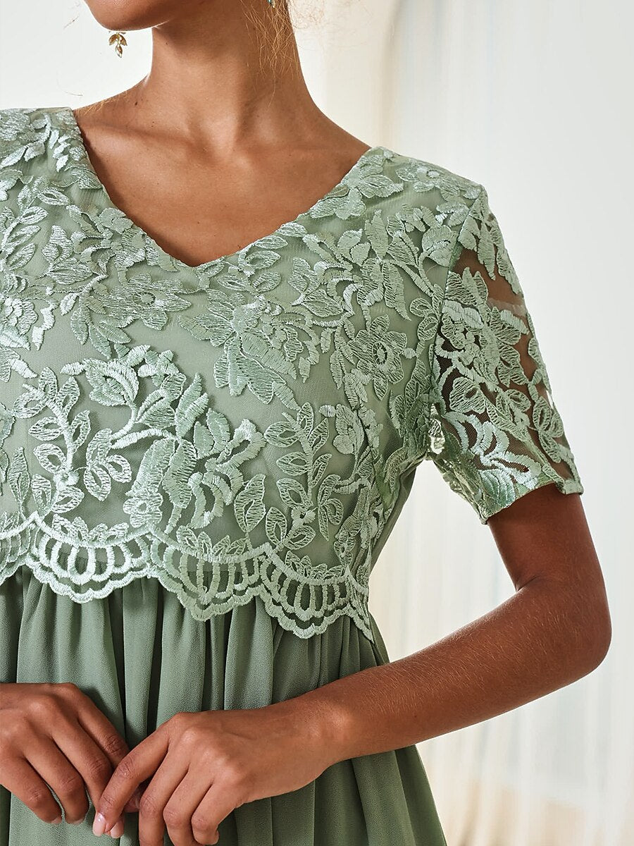 Chiffon Lace V Neck Short Sleeve Flared Midi Dress