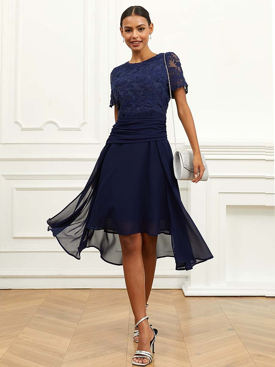 Ruched Chiffon Lace Midi Dress