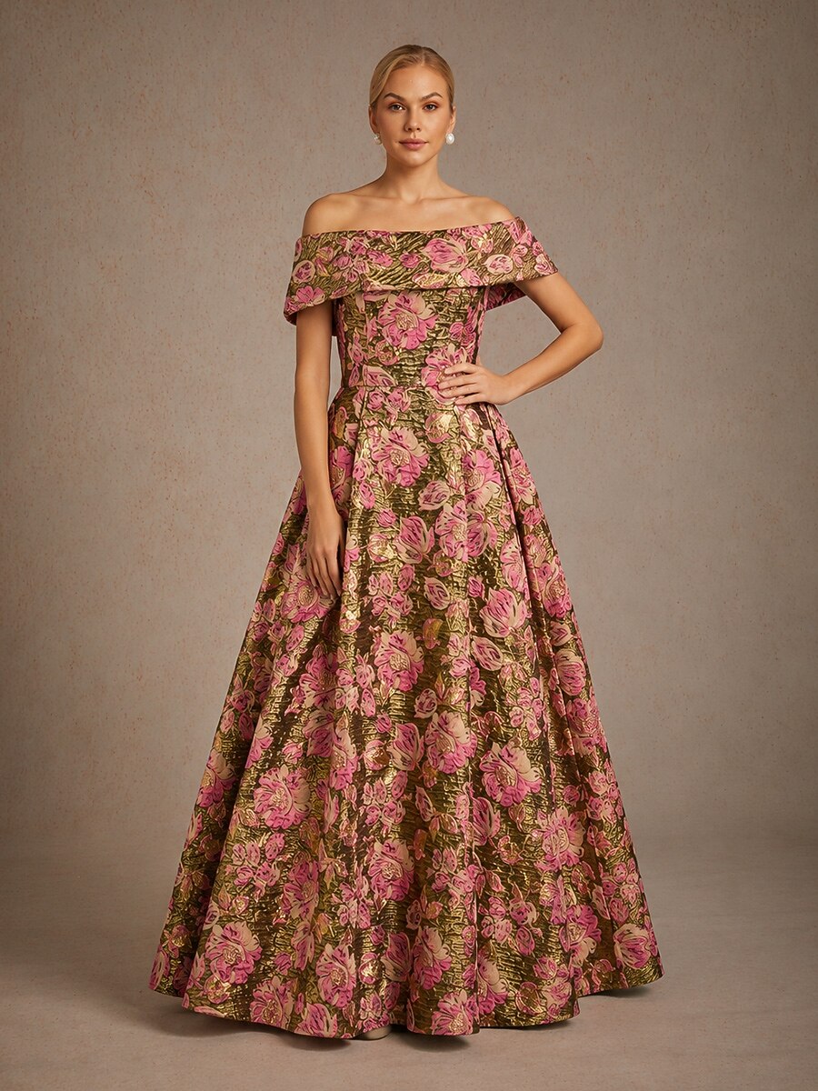 Off the Shoulder Metallic Floral Jacquard Ballgown