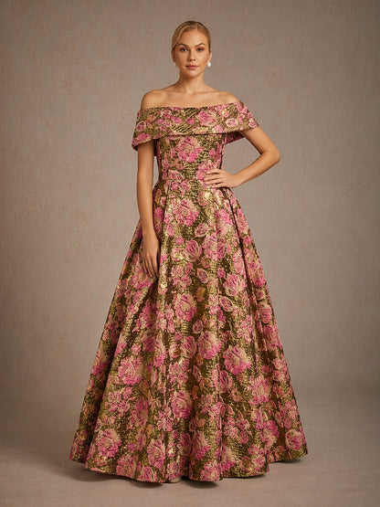 Off the Shoulder Metallic Floral Jacquard Ballgown