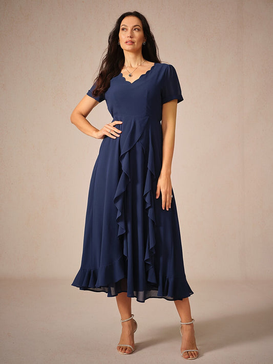 Asymmetrical Ruffle V Neck Navy Blue Maxi Dress