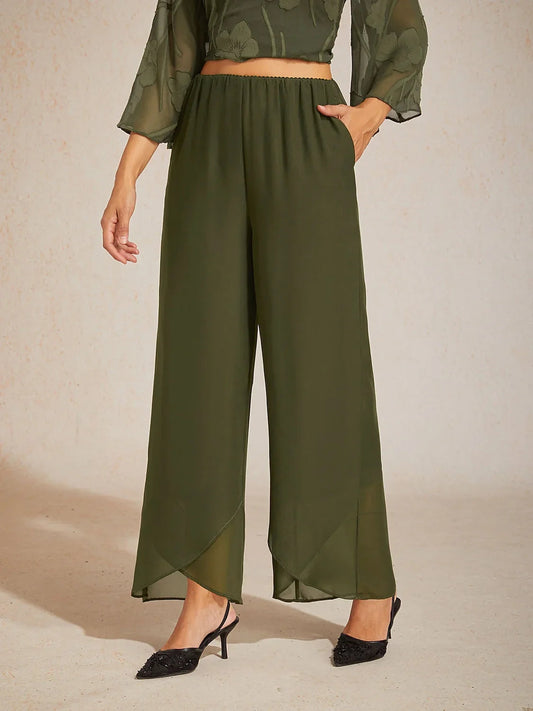 Straight Leg Mid Waist Layered Chiffon Pants