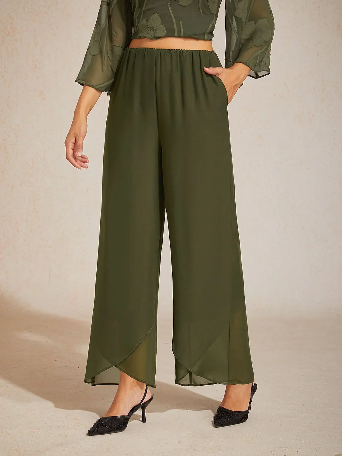 Straight Leg Mid Waist Layered Chiffon Pants