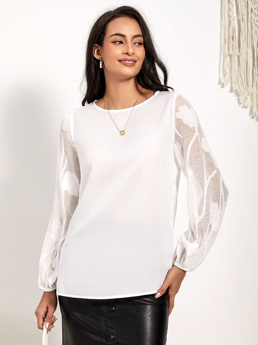Sheer Floral Lace Boat Neck White Blouse