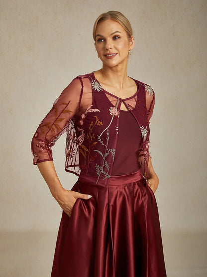 Floral Embroidered Lace Jacket with Rhinestone Button