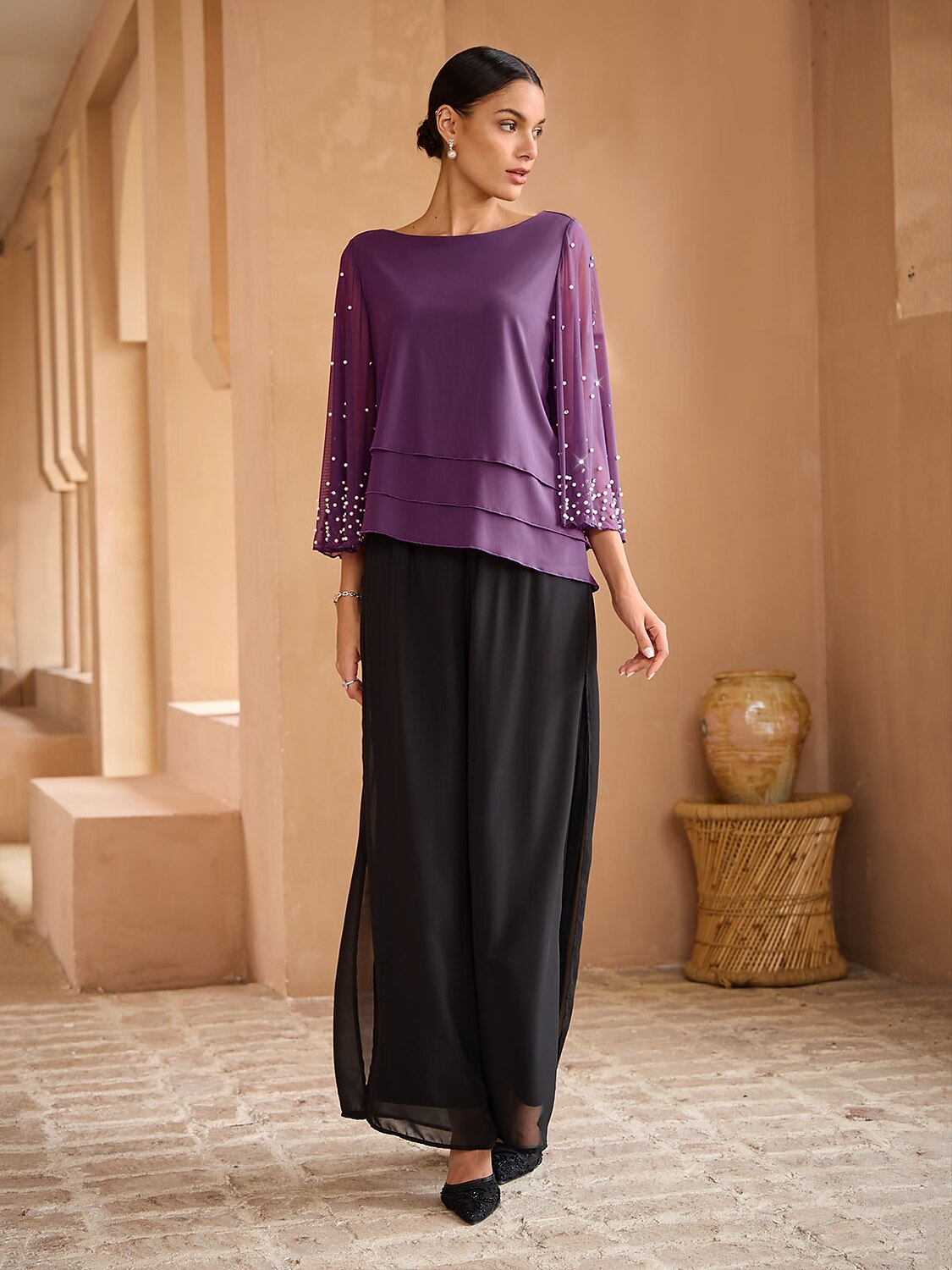 Beaded Layered Mesh Blouse