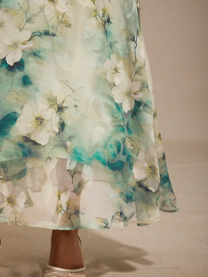 Floral Cowl Neck Tea-Length Dress with Flounce Hem