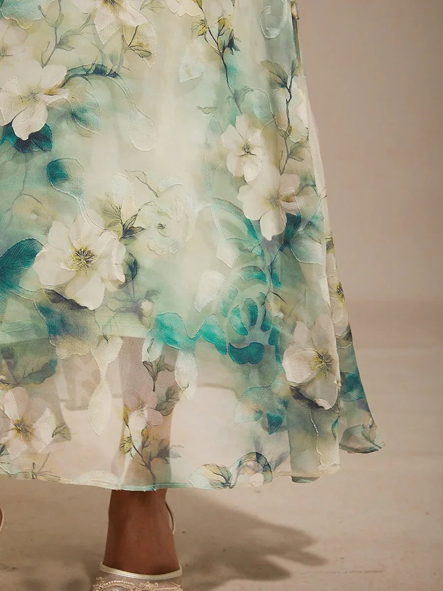 Floral Cowl Neck Tea-Length Dress with Flounce Hem