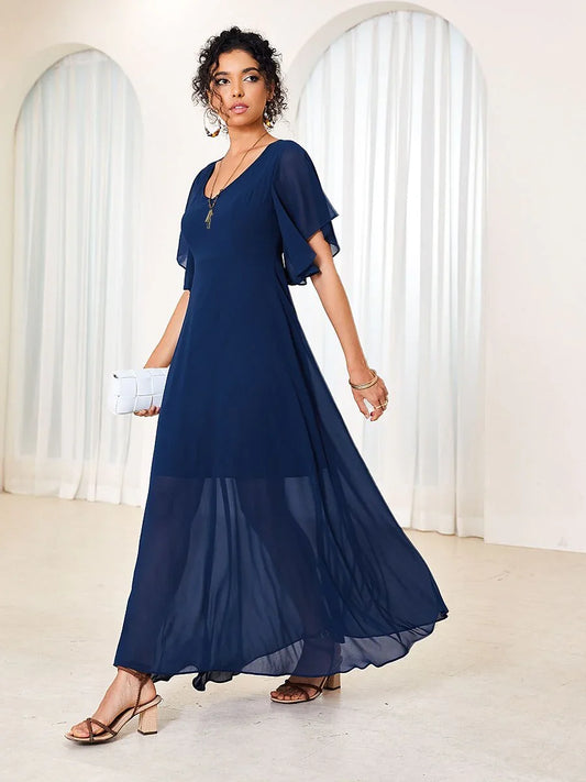 Flutter Sleeve Ruffle Elegant Chiffon Dress