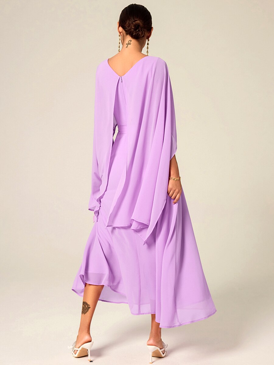 Belted Waist Purple Chiffon Maxi Dress