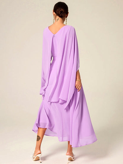 Belted Waist Purple Chiffon Maxi Dress