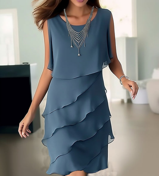 Sleeveless Layered Chiffon Crew Neck Elegant Dress