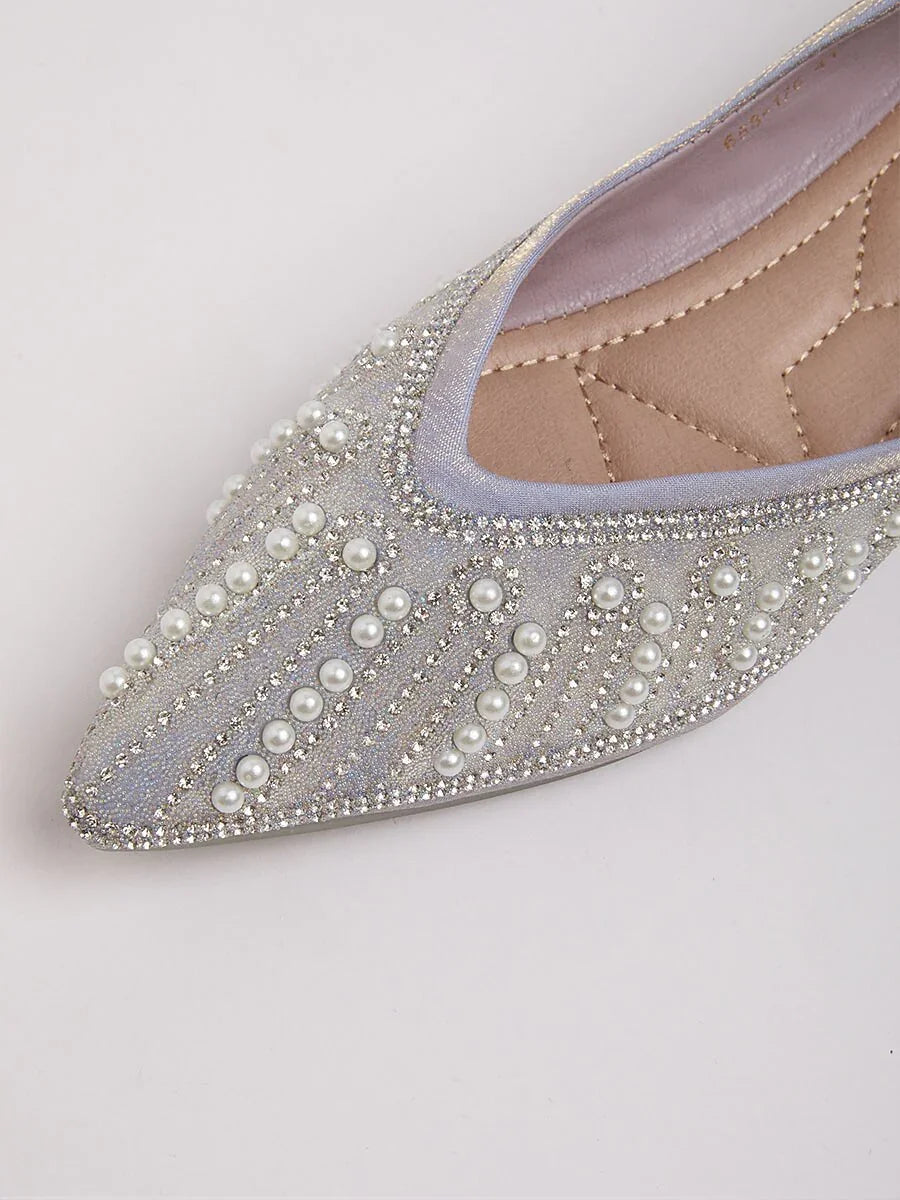 Embellished Pointed Flat Shoes with Pearls and Sequins