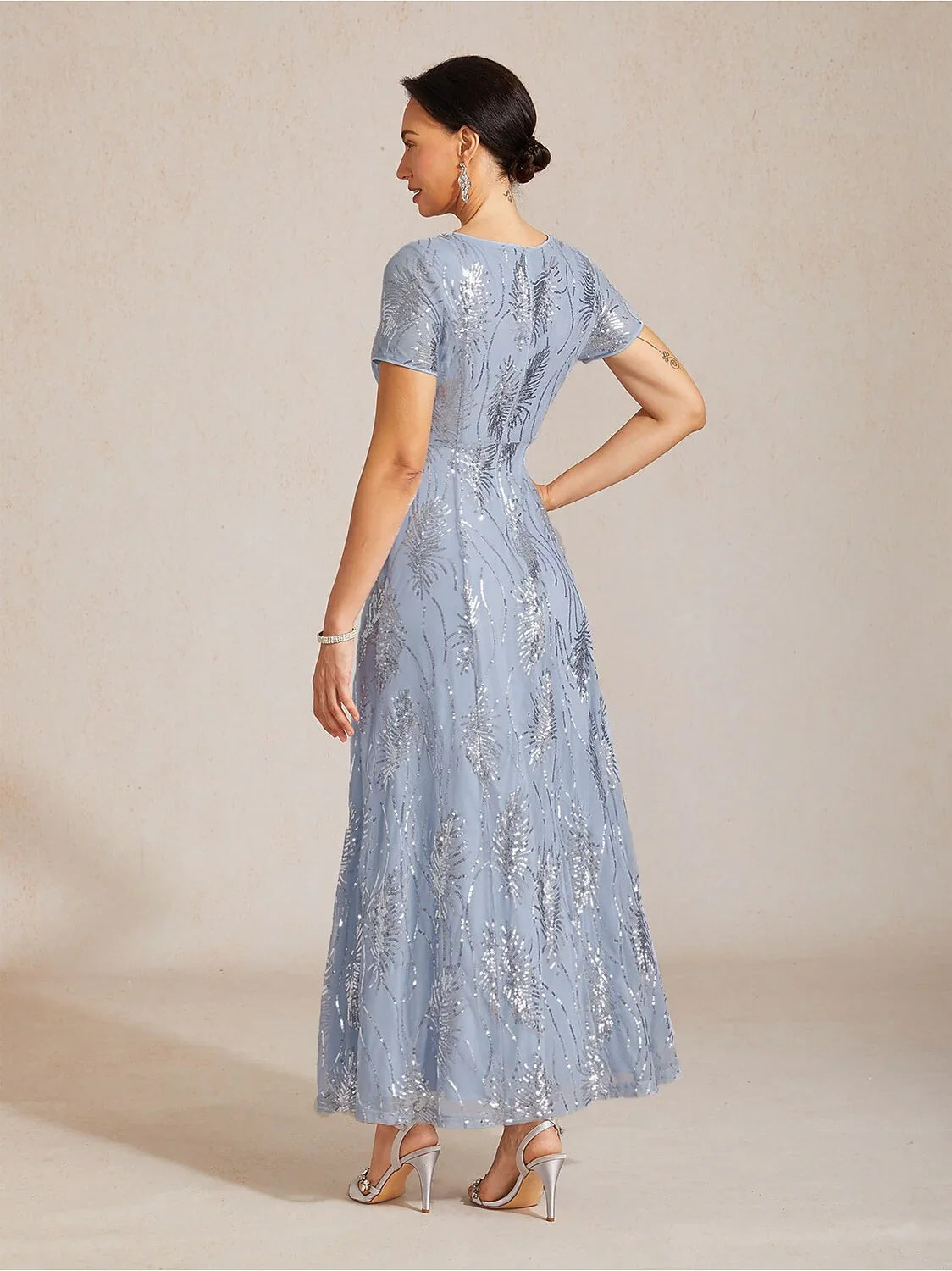 Short Sleeve A-Line Maxi Dress with Mesh Sequin Detail
