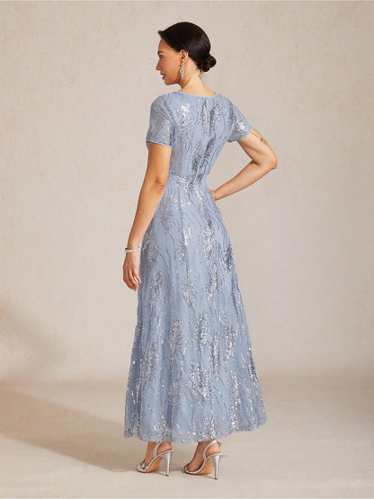 Short Sleeve A-Line Maxi Dress with Mesh Sequin Detail