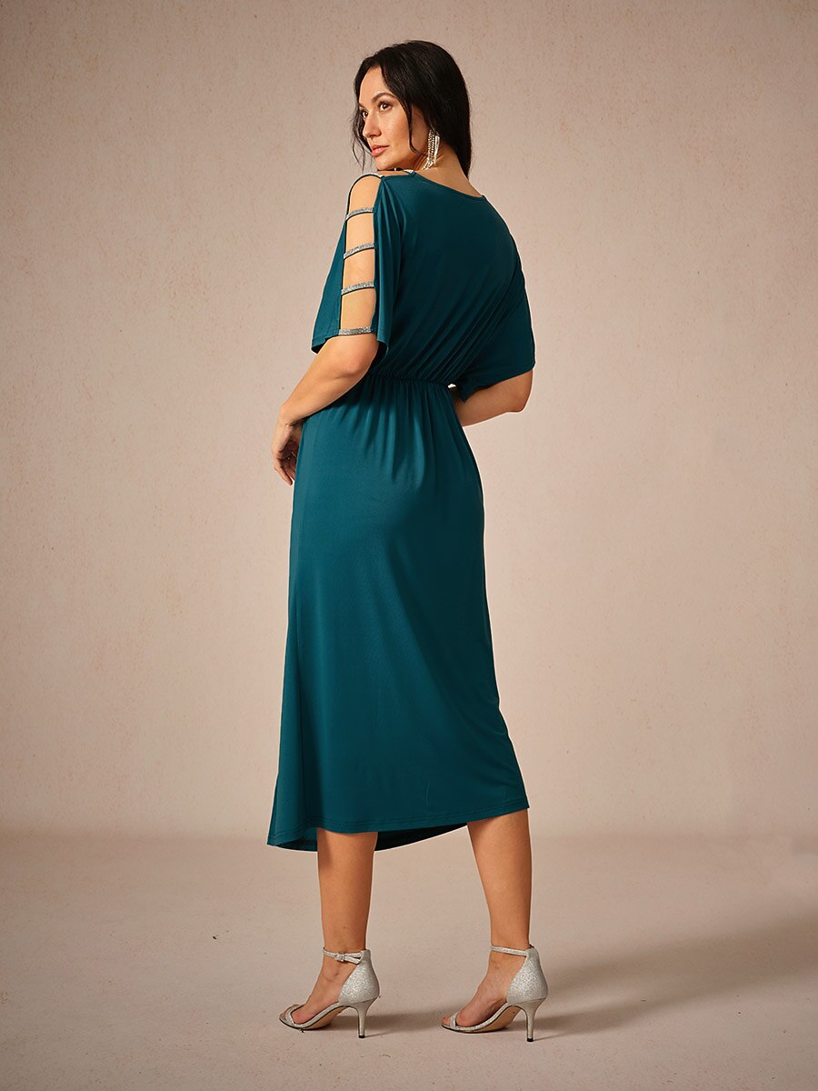 Stretch Knot Front Dress with Front Slit & Embellished Sleeve Cutouts