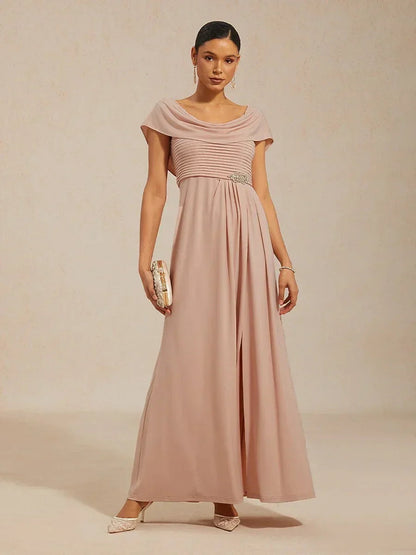 Draped Neck Jersey Evening Dress with Pleated Bodice
