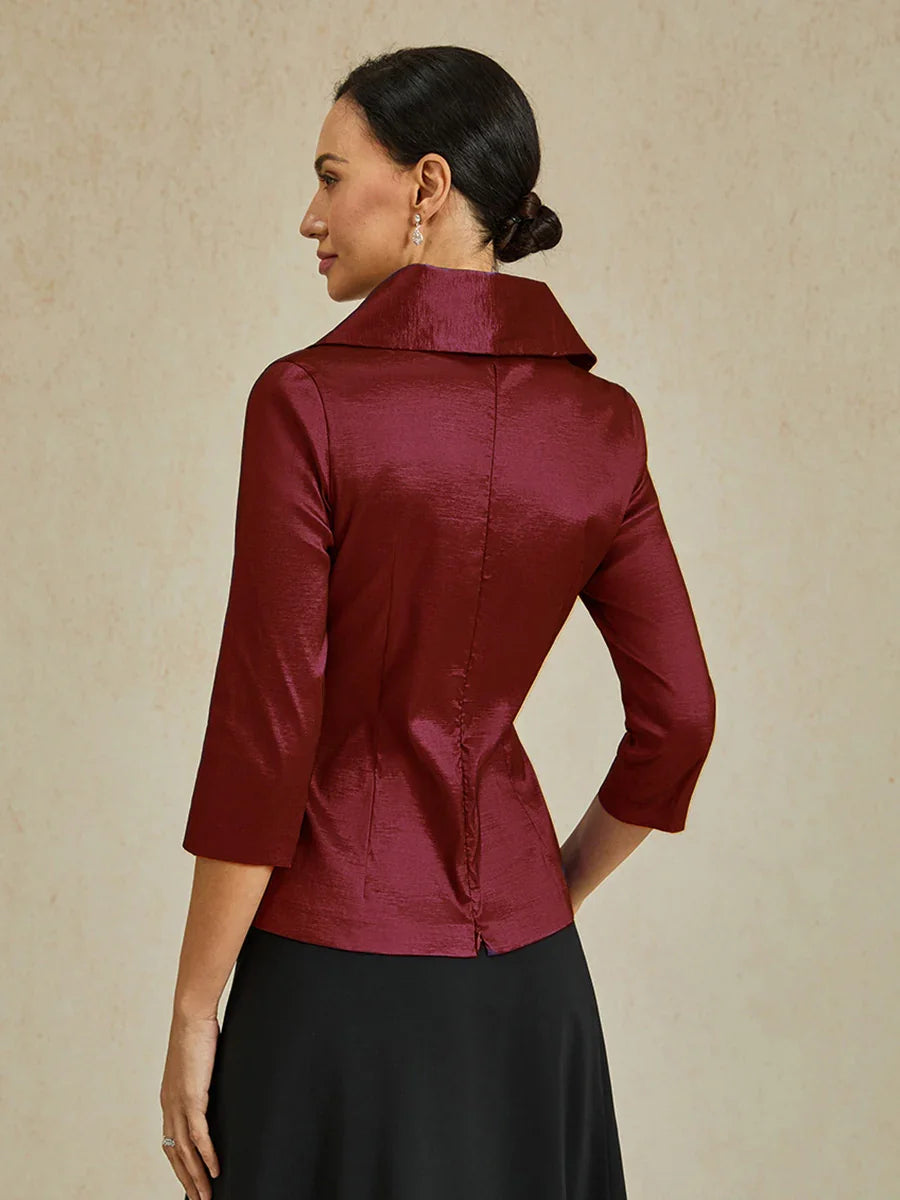 3/4 Sleeve Stretch Taffeta Blouse with Tie Waist Detail