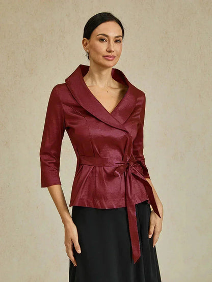3/4 Sleeve Stretch Taffeta Blouse with Tie Waist Detail