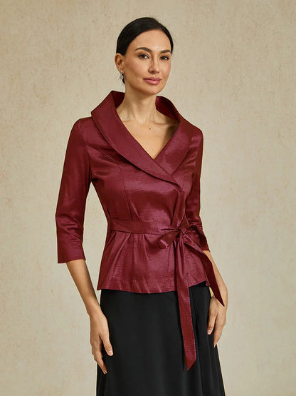 3/4 Sleeve Stretch Taffeta Blouse with Tie Waist Detail